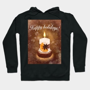 Happy Holidays greeting Burning candle among magic lights Hoodie